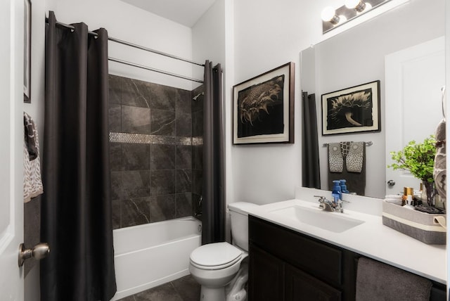 full bath featuring tile patterned floors, toilet, vanity, and shower / bath combination with curtain