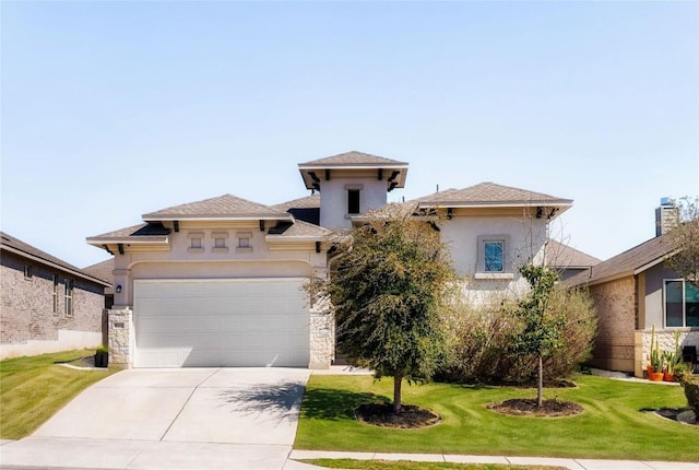 view of front facade with stucco siding, a front lawn, stone siding, concrete driveway, and an attached garage