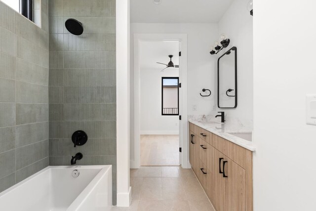 802 Philco Dr Unit 1, Austin, TX 78745 - full bath featuring double vanity, tile patterned flooring, a ceiling fan, and shower / bath combination