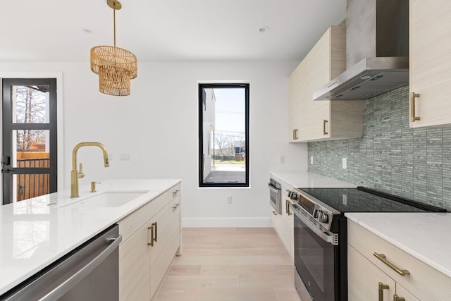 802 Philco Dr Unit 2, Austin, TX 78745 - kitchen with appliances with stainless steel finishes, wall chimney exhaust hood, a sink, light wood-style floors, and tasteful backsplash