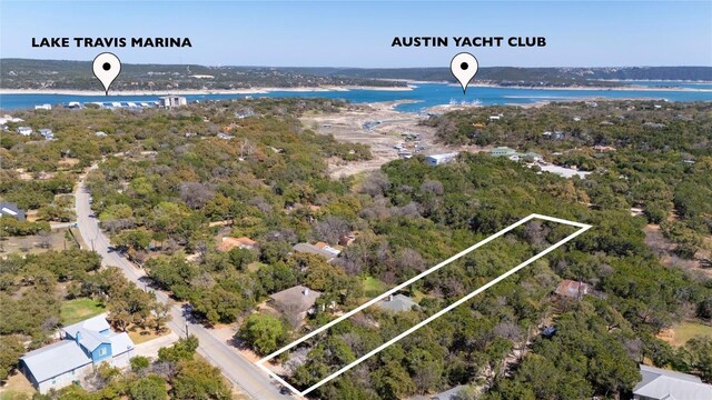 5709 Hudson Bend Rd, Austin, TX 78734 - aerial view of property and surrounding area with a large body of water and property parcel outlined
