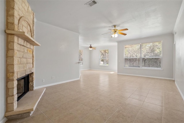 5709 Hudson Bend Rd, Austin, TX 78734 - unfurnished living room featuring light tile patterned floors, ceiling fan, and a fireplace
