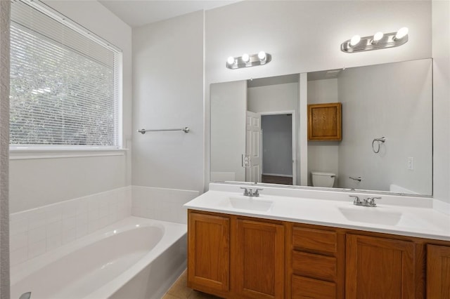 5709 Hudson Bend Rd, Austin, TX 78734 - bathroom with a garden tub, double vanity, and tile patterned flooring