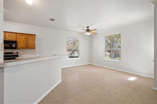 5709 Hudson Bend Rd, Austin, TX 78734 - unfurnished living room with ornamental molding, a ceiling fan, and light tile patterned floors