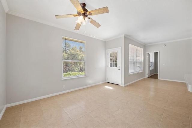 5709 Hudson Bend Rd, Austin, TX 78734 - spare room featuring light tile patterned flooring, crown molding, and a ceiling fan