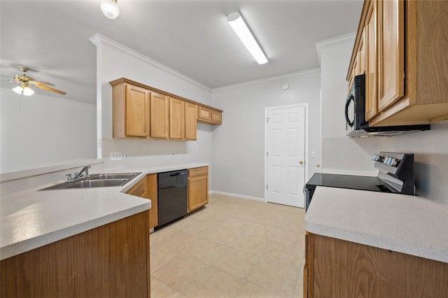 5709 Hudson Bend Rd, Austin, TX 78734 - kitchen featuring black appliances, ornamental molding, ceiling fan, light countertops, and a peninsula