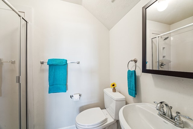 2502 Grey Kirby Dr, League City, TX 77573 - bathroom featuring a sink, a stall shower, toilet, vaulted ceiling, and a textured ceiling
