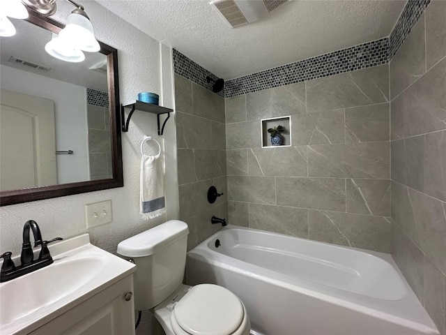 full bath featuring a textured ceiling, visible vents, a textured wall, shower / bathtub combination, and toilet