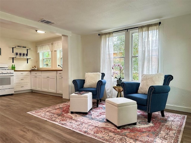 living area with a textured ceiling, visible vents, baseboards, and dark wood-type flooring