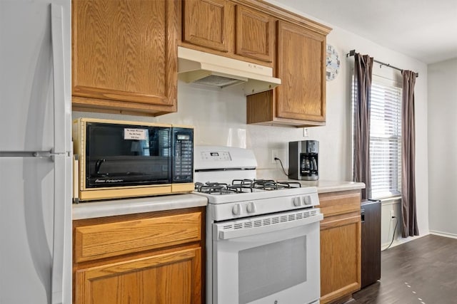 1631 Plume Grass Pl, Round Rock, TX 78665 - kitchen featuring white appliances, under cabinet range hood, dark wood-style floors, light countertops, and brown cabinets
