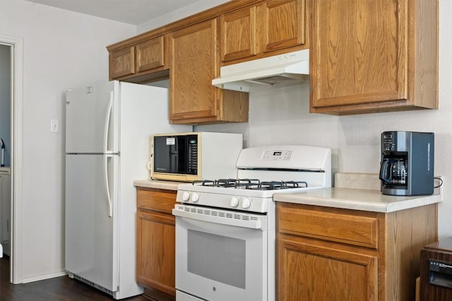 1631 Plume Grass Pl, Round Rock, TX 78665 - kitchen with white appliances, under cabinet range hood, light countertops, dark wood-style floors, and brown cabinetry