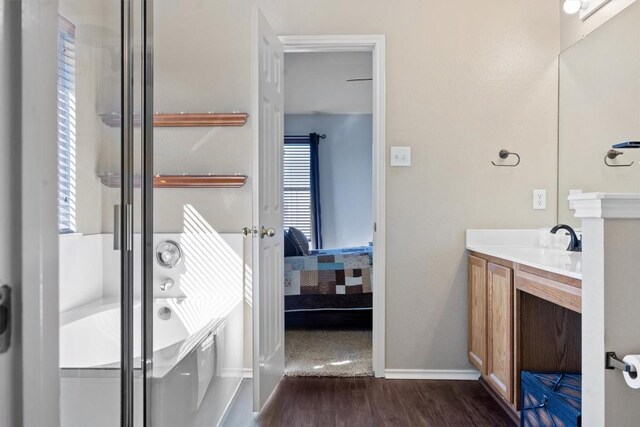 1631 Plume Grass Pl, Round Rock, TX 78665 - full bathroom with connected bathroom, vanity, wood finished floors, and healthy amount of natural light