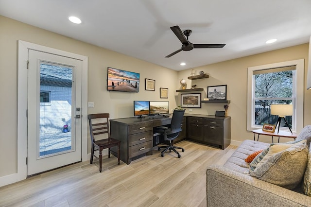 8702 Silverhill Ln, Austin, TX 78759 - office featuring a ceiling fan, light wood-type flooring, baseboards, and recessed lighting