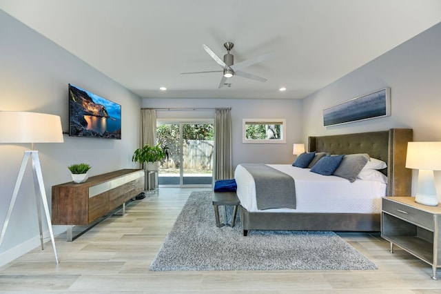 8702 Silverhill Ln, Austin, TX 78759 - bedroom featuring access to exterior, light wood-style flooring, recessed lighting, a ceiling fan, and baseboards