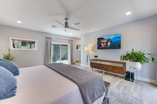 8702 Silverhill Ln, Austin, TX 78759 - bedroom featuring light wood finished floors, access to exterior, ceiling fan, and recessed lighting
