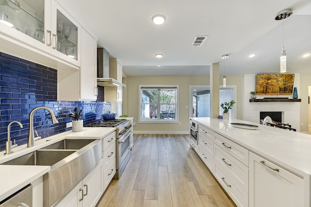 8702 Silverhill Ln, Austin, TX 78759 - kitchen featuring stainless steel appliances, wall chimney exhaust hood, baseboards, a sink, and light wood-type flooring