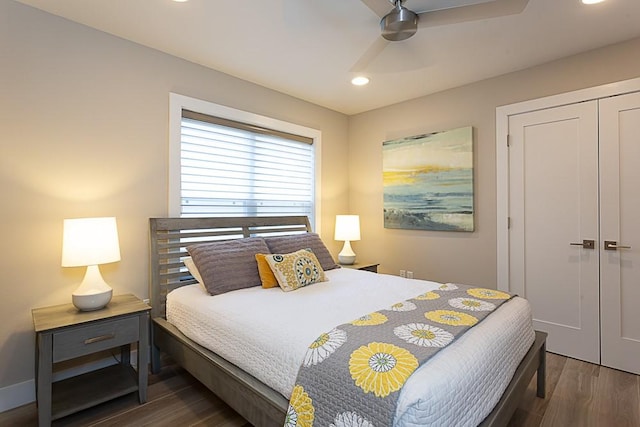 8702 Silverhill Ln, Austin, TX 78759 - bedroom featuring wood finished floors, a closet, recessed lighting, and a ceiling fan
