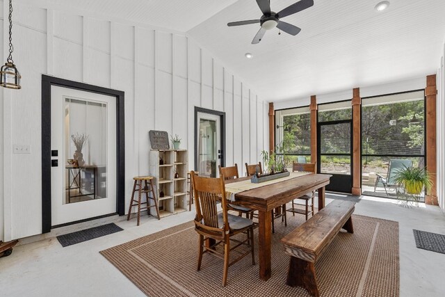 631 Lakeside Dr, Wimberley, TX 78676 - dining room with high vaulted ceiling and ceiling fan