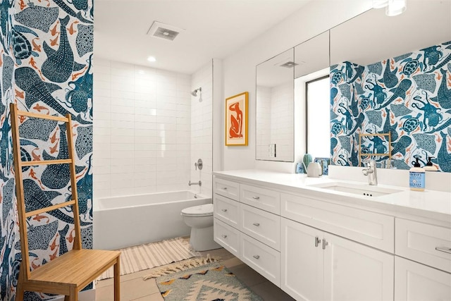 2012 Arpdale St, Austin, TX 78704 - bathroom with vanity, shower / bathtub combination with curtain, tile patterned floors, and recessed lighting