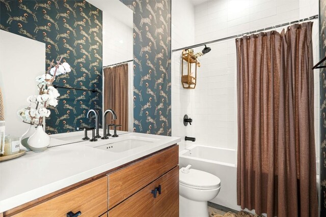 2012 Arpdale St, Austin, TX 78704 - bathroom featuring wallpapered walls, vanity, and shower / bathtub combination with curtain