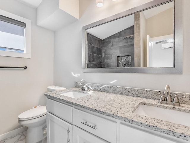 10310 Bilbrook Pl, Austin, TX 78748 - bathroom with double vanity, marble look tiles, and tiled shower