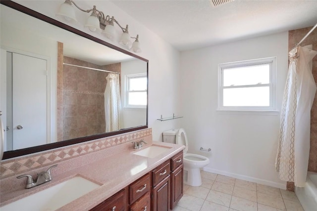 8521 Racine Trl, Austin, TX 78717 - full bathroom featuring toilet, double vanity, tile patterned floors, baseboards, and shower / bath combination with curtain