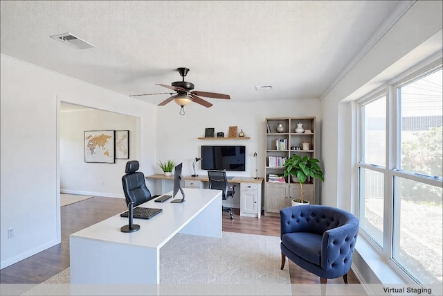 8521 Racine Trl, Austin, TX 78717 - office area with wood finished floors, a ceiling fan, baseboards, and a textured ceiling