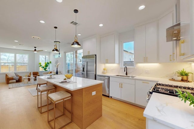 4800 Prock Ln Unit A, Austin, TX 78721 - kitchen featuring appliances with stainless steel finishes, a sink, a kitchen island, light wood-type flooring, and healthy amount of natural light