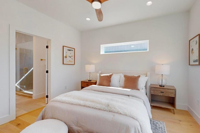 4800 Prock Ln Unit A, Austin, TX 78721 - bedroom featuring light wood-type flooring, recessed lighting, a ceiling fan, and ensuite bathroom