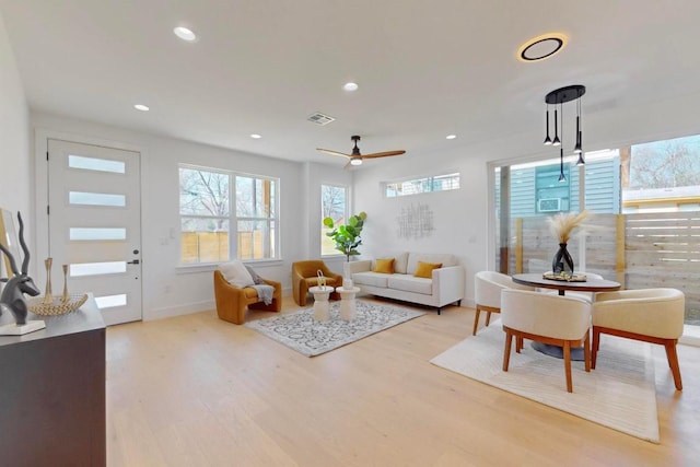 4800 Prock Ln Unit A, Austin, TX 78721 - living room with light wood-style flooring, recessed lighting, a ceiling fan, and baseboards