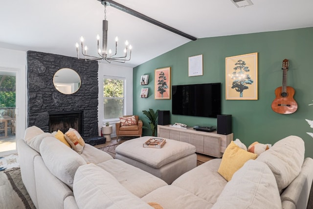 2205 Trede Dr, Austin, TX 78745 - living area featuring a chandelier, wood finished floors, and a fireplace