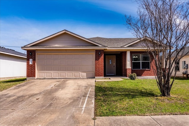 12900 Noche Clara Dr, Del Valle, TX 78617 - ranch-style house featuring brick siding, driveway, a front yard, and an attached garage