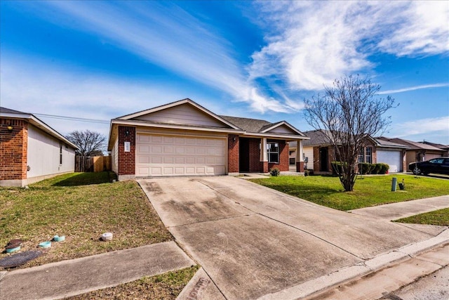 12900 Noche Clara Dr, Del Valle, TX 78617 - ranch-style home featuring brick siding, an attached garage, and concrete driveway