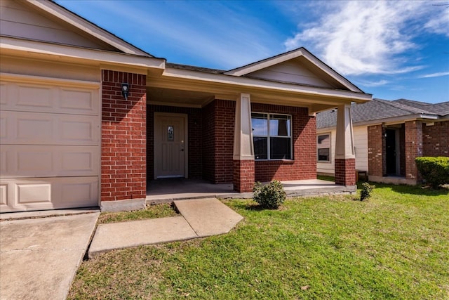 12900 Noche Clara Dr, Del Valle, TX 78617 - view of front facade featuring brick siding, a front lawn, covered porch, a garage, and concrete driveway