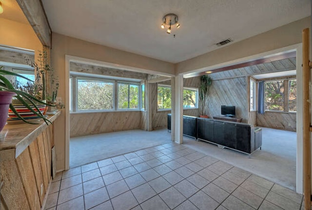 614 Sunfish St, Lakeway, TX 78734 - unfurnished living room featuring light carpet, wooden walls, and light tile patterned flooring