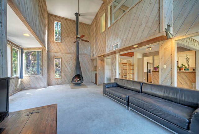 614 Sunfish St, Lakeway, TX 78734 - living room with wooden walls, a high ceiling, a wood stove, carpet floors, and healthy amount of natural light
