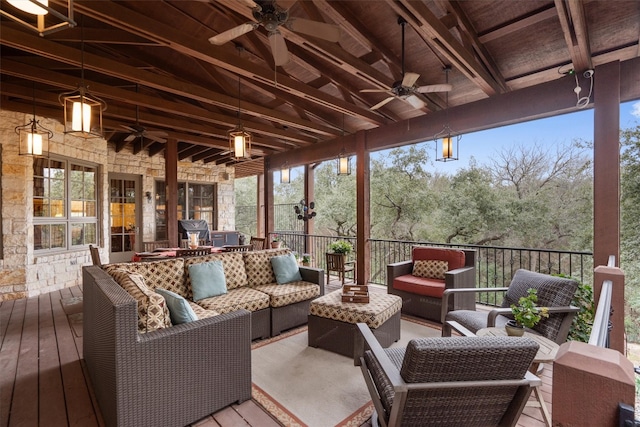 4403 Elohi Dr, Austin, TX 78746 - wooden terrace with ceiling fan and outdoor lounge area