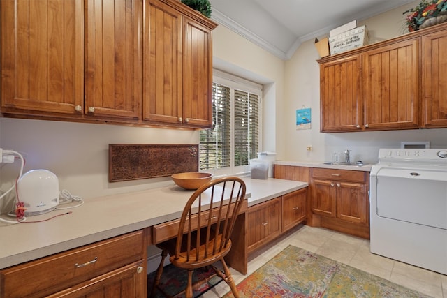 4403 Elohi Dr, Austin, TX 78746 - laundry room with washer / clothes dryer, cabinet space, ornamental molding, an office area, and light tile patterned flooring