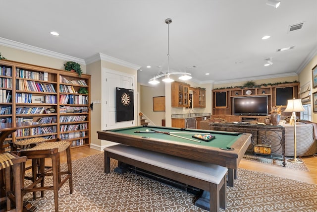 4403 Elohi Dr, Austin, TX 78746 - playroom with light wood finished floors, billiards table, recessed lighting, and crown molding