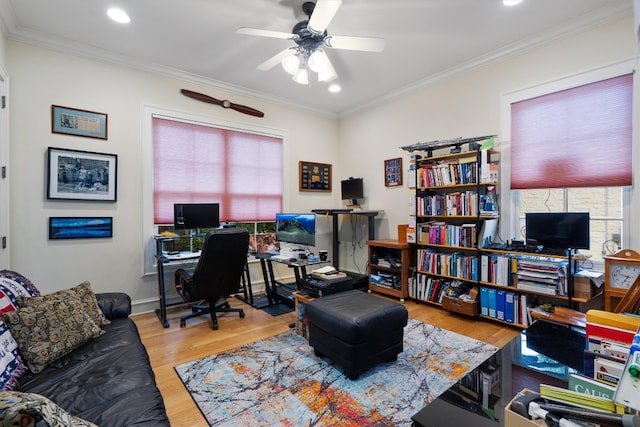 4403 Elohi Dr, Austin, TX 78746 - office with healthy amount of natural light, wood finished floors, ceiling fan, crown molding, and recessed lighting