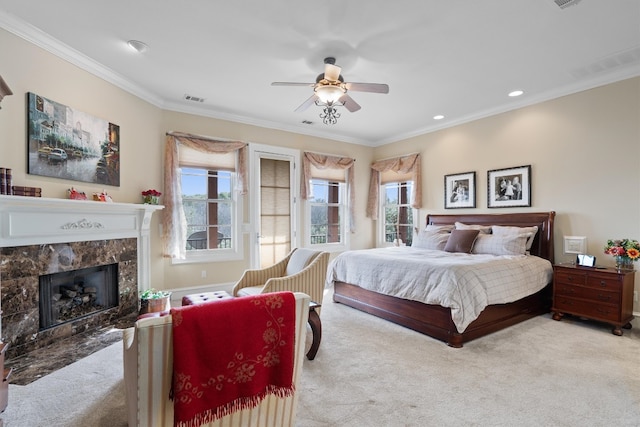 4403 Elohi Dr, Austin, TX 78746 - bedroom with carpet flooring, multiple windows, ornamental molding, a high end fireplace, and ceiling fan