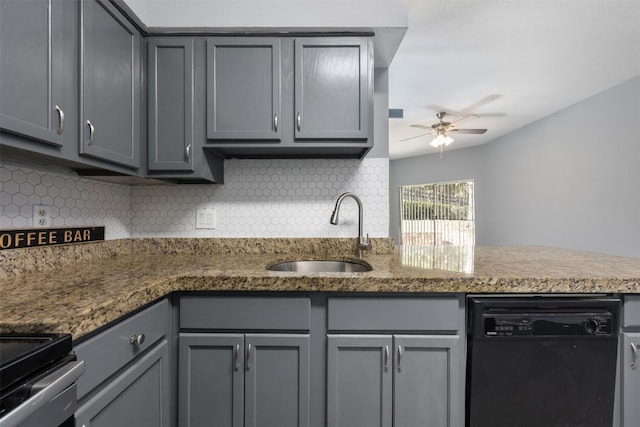 2450 Wickersham Ln Unit 101, Austin, TX 78741 - kitchen featuring gray cabinets, ceiling fan, decorative backsplash, a sink, and dishwasher