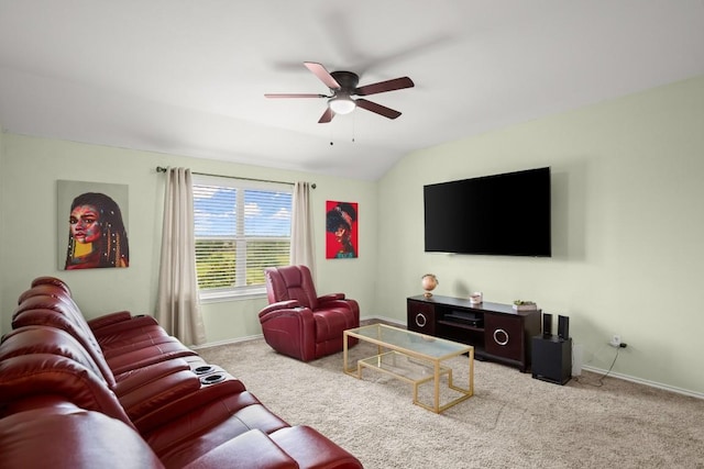 living area with carpet floors, a ceiling fan, and baseboards
