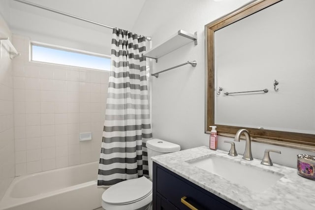 full bathroom with toilet, shower / tub combo with curtain, and vanity