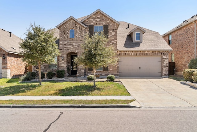 386 Nautical Loop, Kyle, TX 78640 - view of front facade featuring brick siding, a front lawn, concrete driveway, and a garage