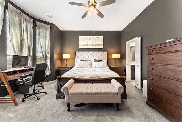 386 Nautical Loop, Kyle, TX 78640 - carpeted bedroom with lofted ceiling, an office area, and a ceiling fan