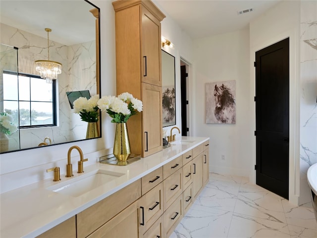 871 Blackbuck Ridge Dr, Lampasas, TX 76550 - full bathroom with an inviting chandelier, visible vents, marble finish floor, and a sink
