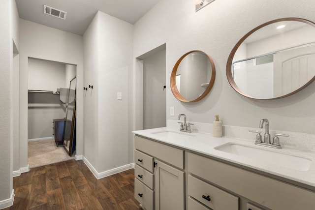 321 Cherry Laurel Ln, Kyle, TX 78640 - full bathroom featuring a sink, a walk in closet, wood finished floors, and visible vents
