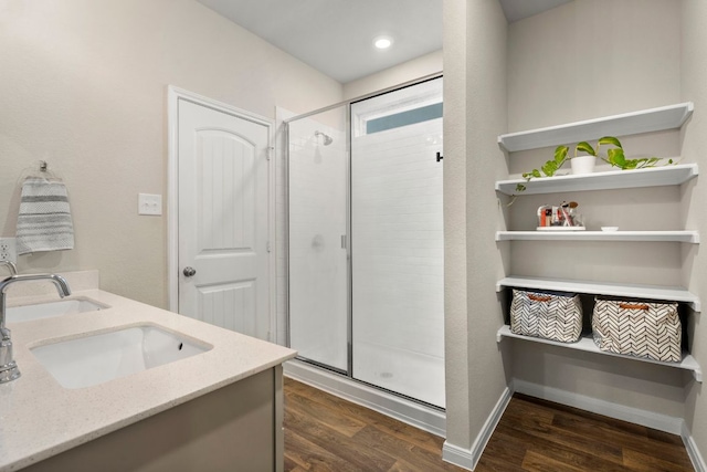 321 Cherry Laurel Ln, Kyle, TX 78640 - bathroom featuring a sink, baseboards, a shower stall, and wood finished floors