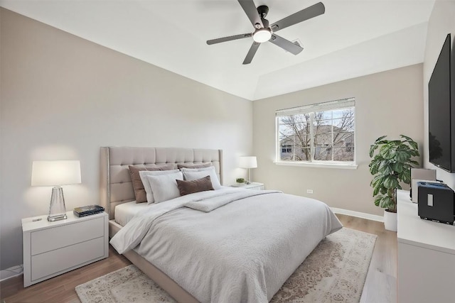 9201 Cessna Ln, Austin, TX 78717 - bedroom with wood finished floors, baseboards, vaulted ceiling, and ceiling fan